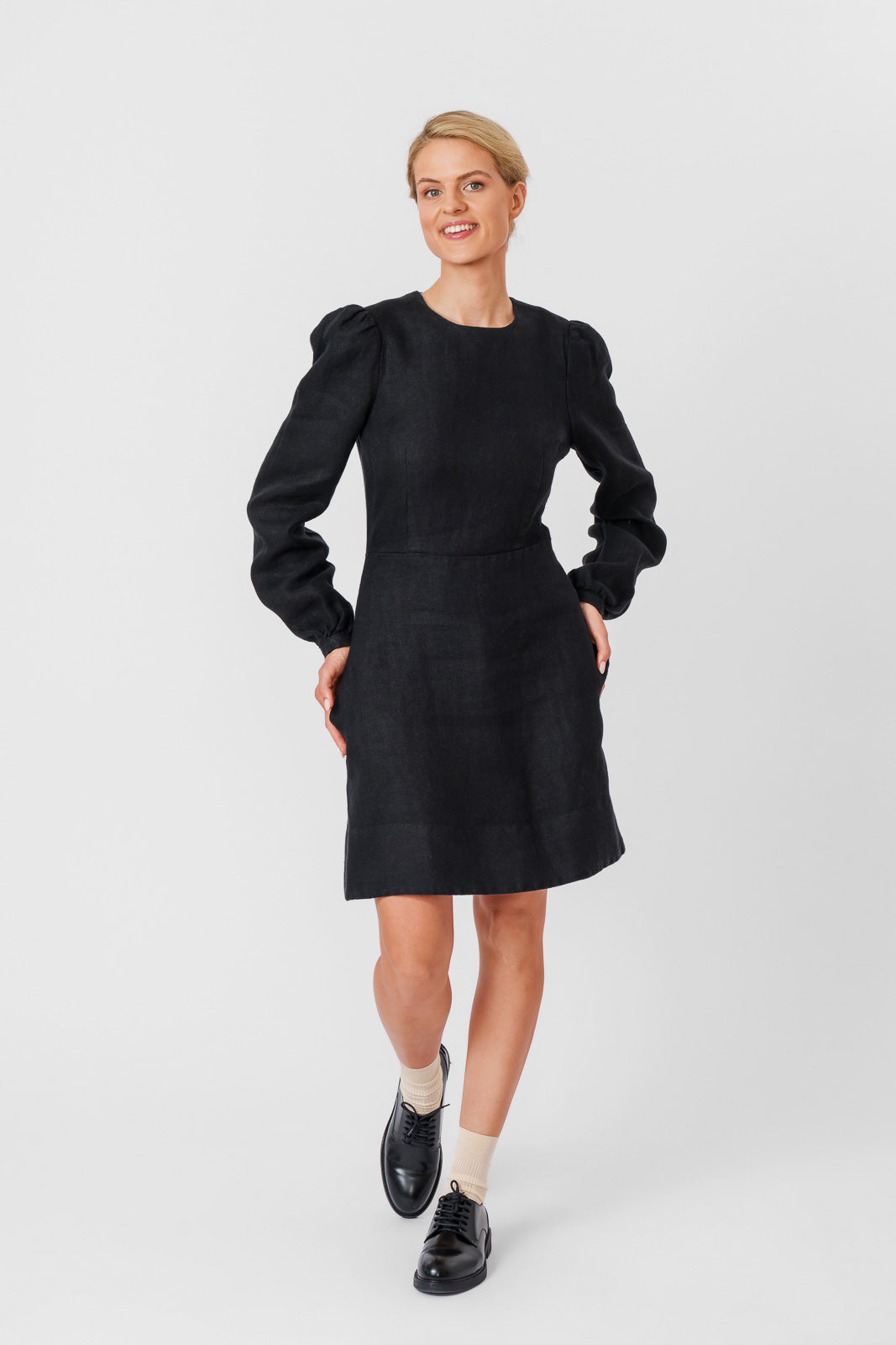 Kelly Dress, Long Sleeve, Black Herringbone