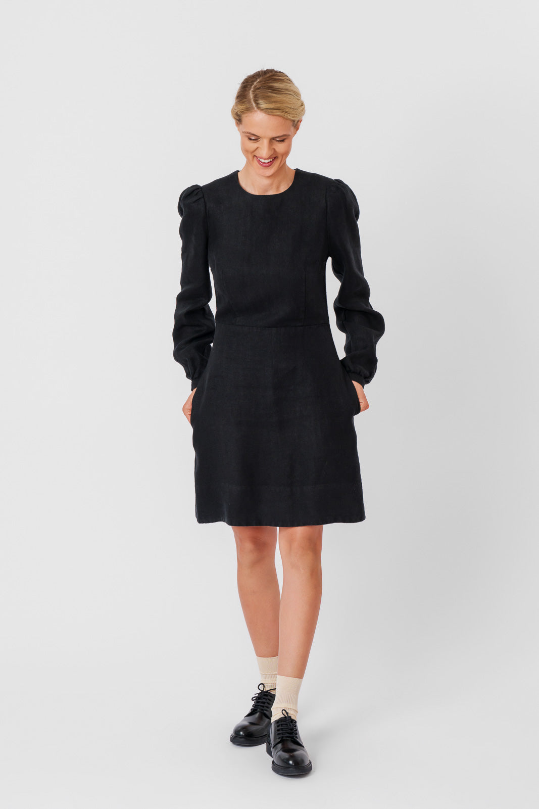 Kelly Dress, Long Sleeve, Black Herringbone