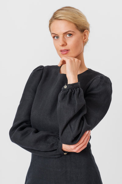 Kelly Dress, Long Sleeve, Black Herringbone