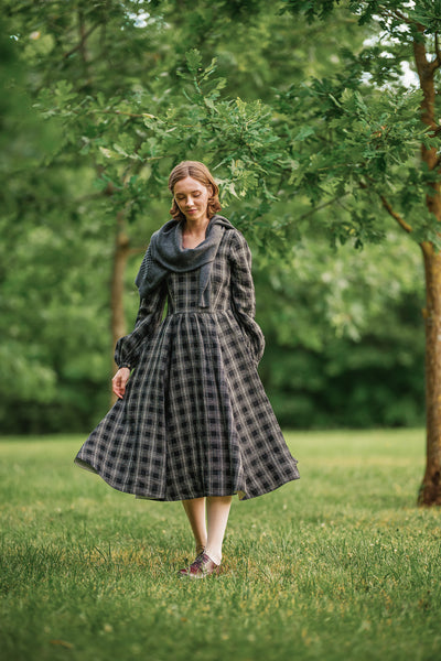 Carmen Dress, Long Sleeve, Black Tartan