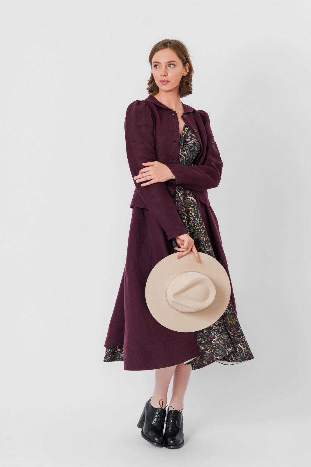 Elizabeth Coat, Long Sleeve, Twill Linen, Royal Grape#color_royal-grape