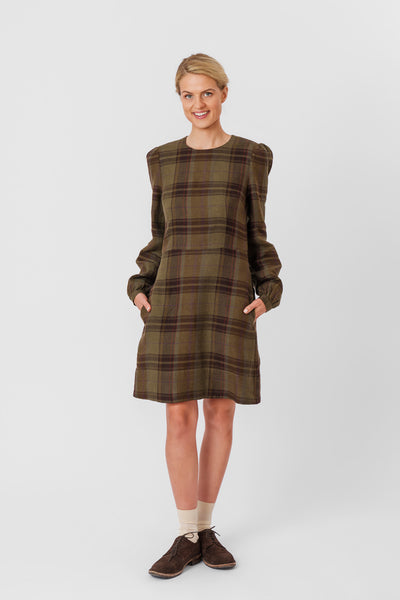 Kelly Dress, Long Sleeve, Twill Linen, Oak Tartan