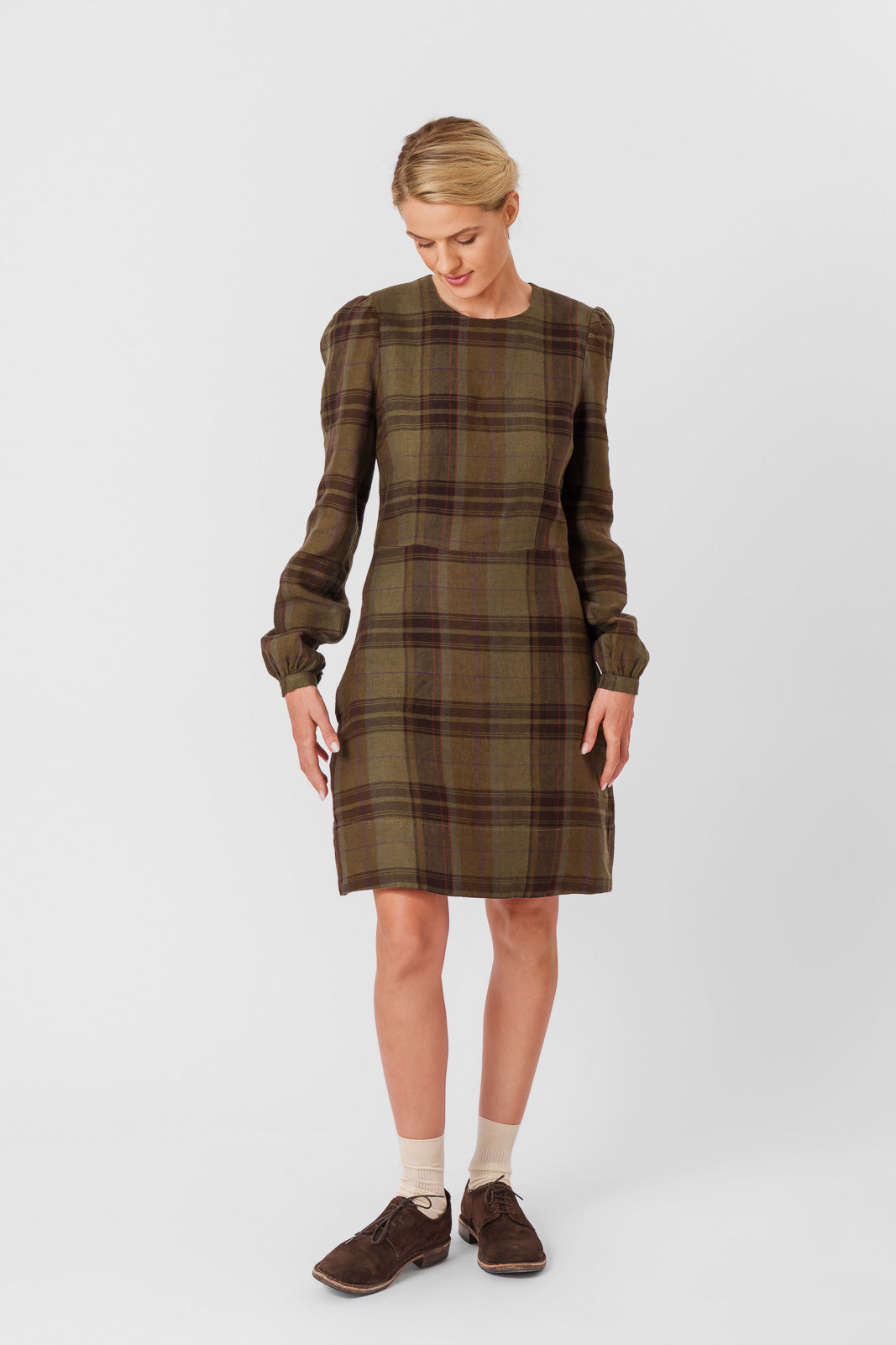 Kelly Dress, Long Sleeve, Twill Linen, Oak Tartan