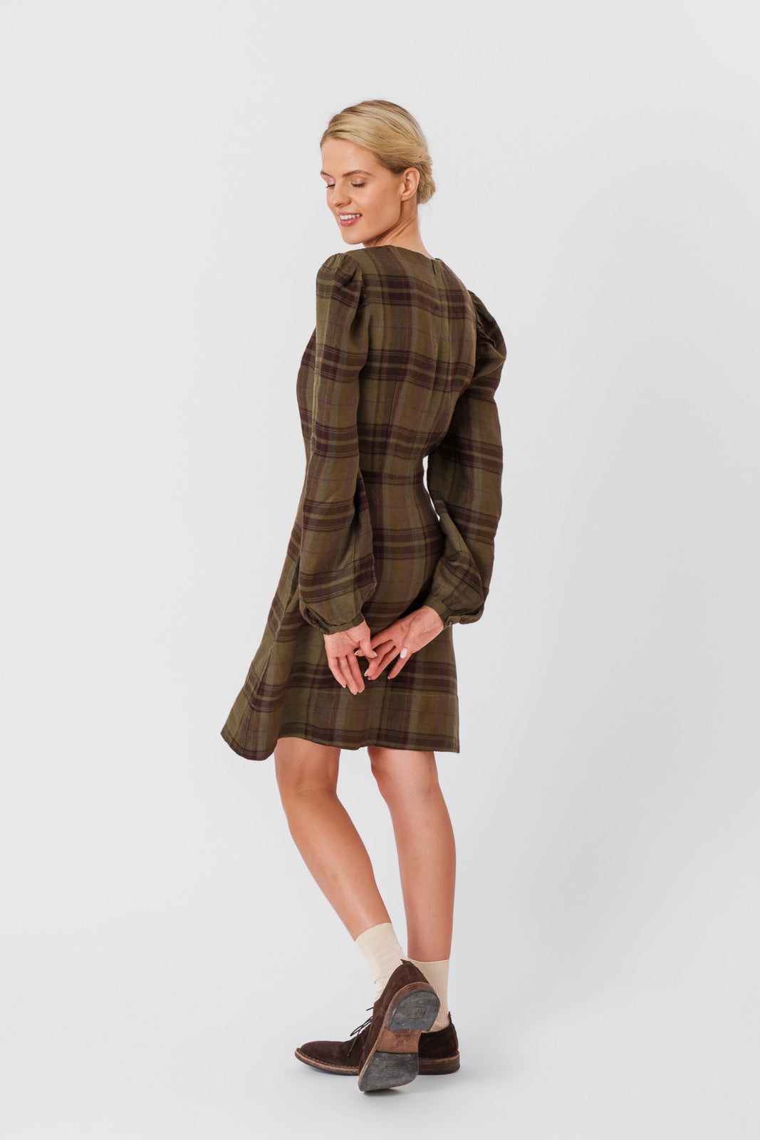 Kelly Dress, Long Sleeve, Twill Linen, Oak Tartan