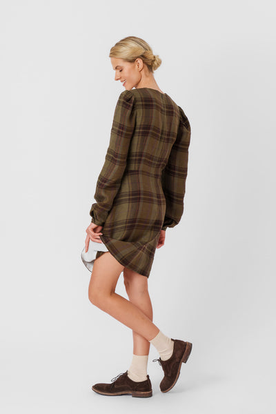 Kelly Dress, Long Sleeve, Twill Linen, Oak Tartan