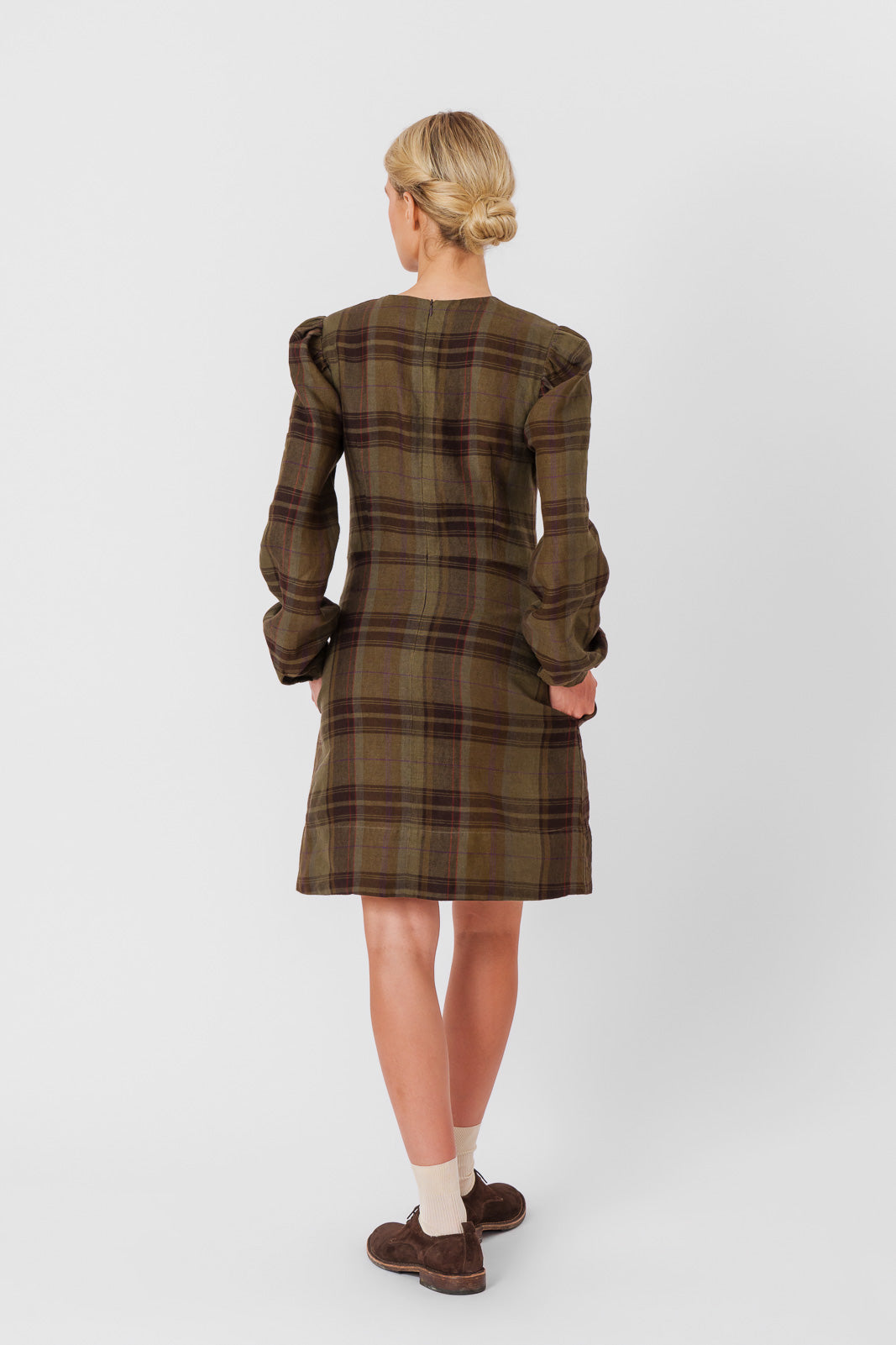 Kelly Dress, Long Sleeve, Twill Linen, Oak Tartan