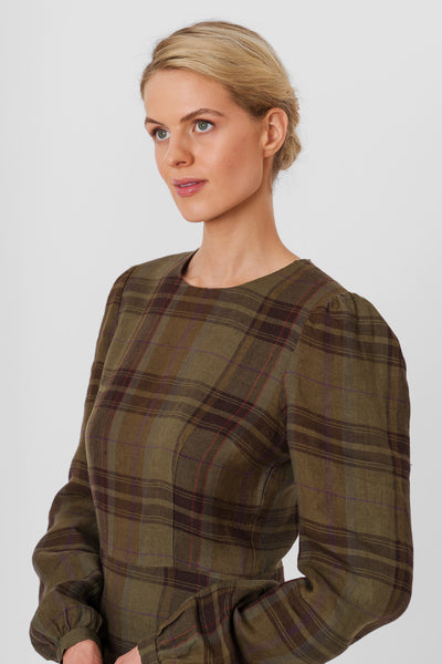 Kelly Dress, Long Sleeve, Twill Linen, Oak Tartan