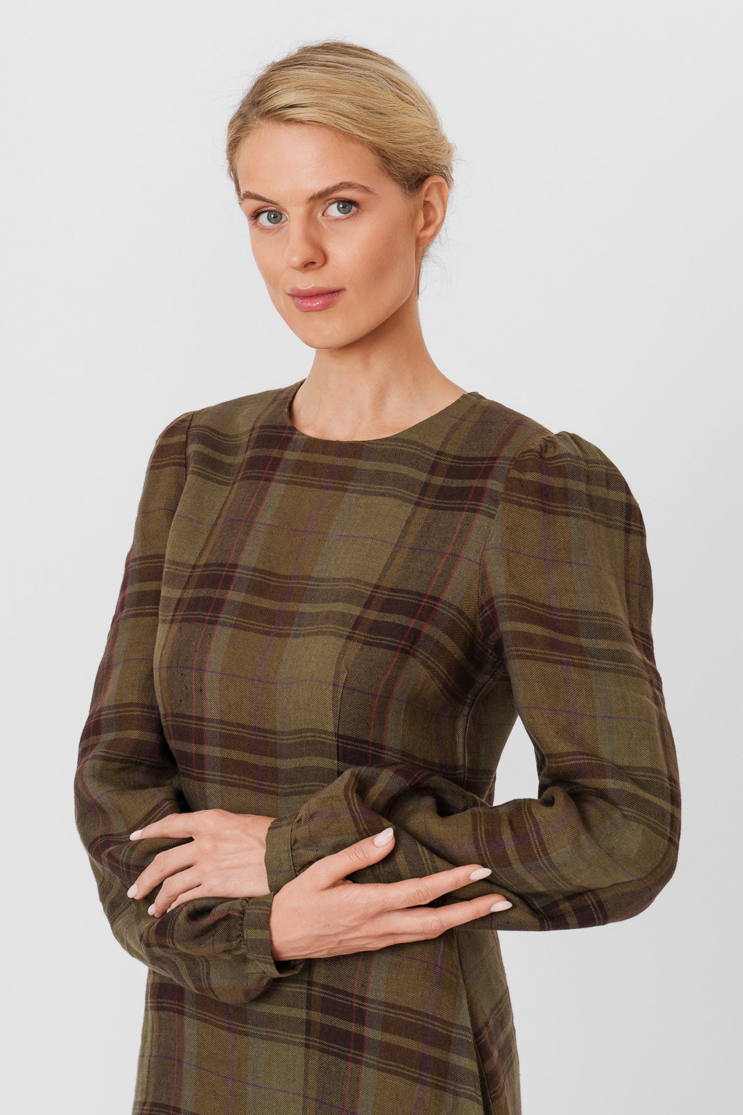 Kelly Dress, Long Sleeve, Twill Linen, Oak Tartan