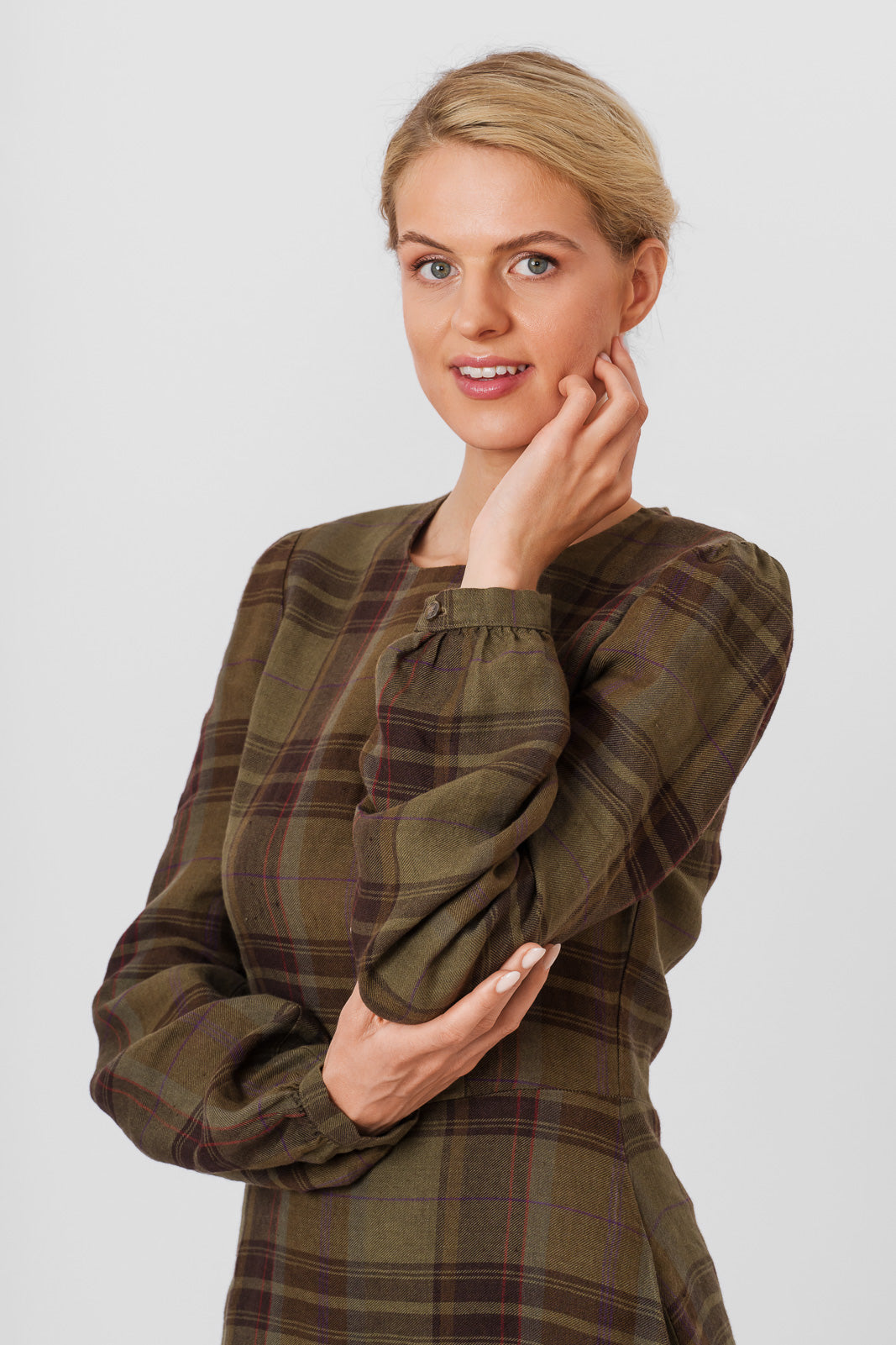 Kelly Dress, Long Sleeve, Twill Linen, Oak Tartan