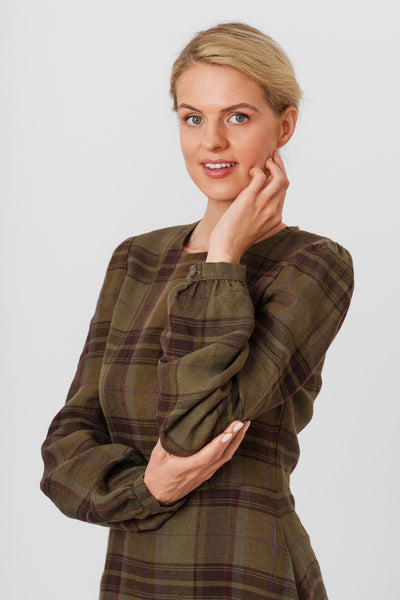 Kelly Dress, Long Sleeve, Twill Linen, Oak Tartan