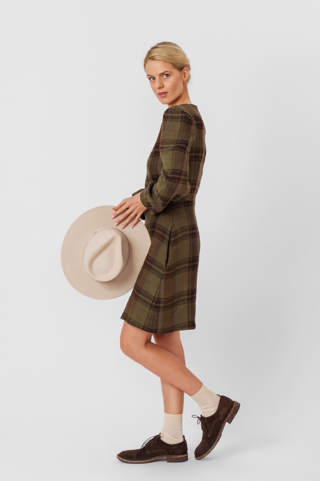 Kelly Dress, Long Sleeve, Twill Linen, Oak Tartan