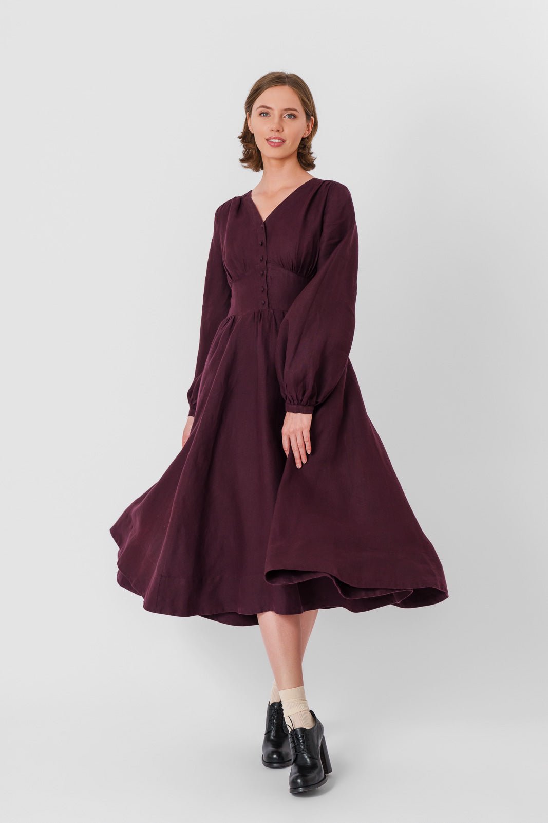 Diane Dress, Long Sleeve, Twill Linen, Royal Grape#color_royal-grape