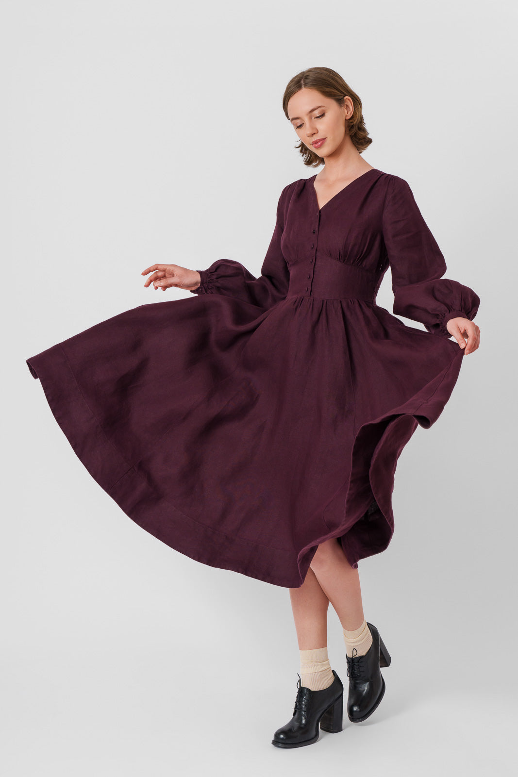 Diane Dress, Long Sleeve, Twill Linen, Royal Grape