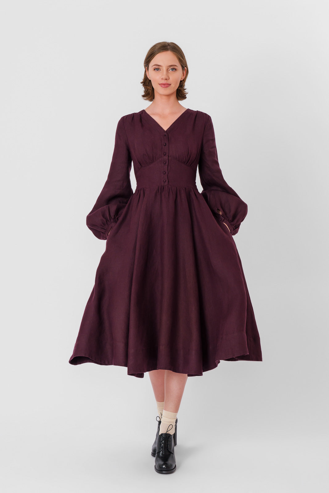 Diane Dress, Long Sleeve, Twill Linen, Royal Grape