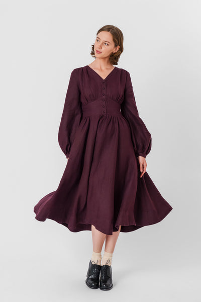 Diane Dress, Long Sleeve, Twill Linen, Royal Grape