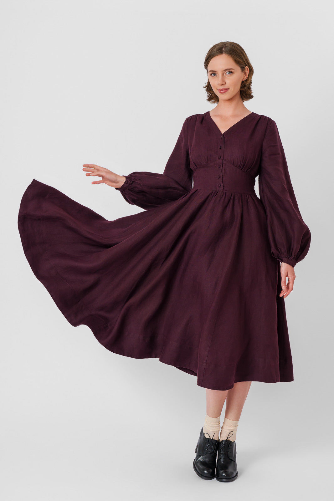 Diane Dress, Long Sleeve, Twill Linen, Royal Grape#color_royal-grape