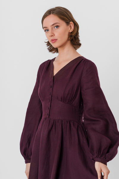 Diane Dress, Long Sleeve, Twill Linen, Royal Grape