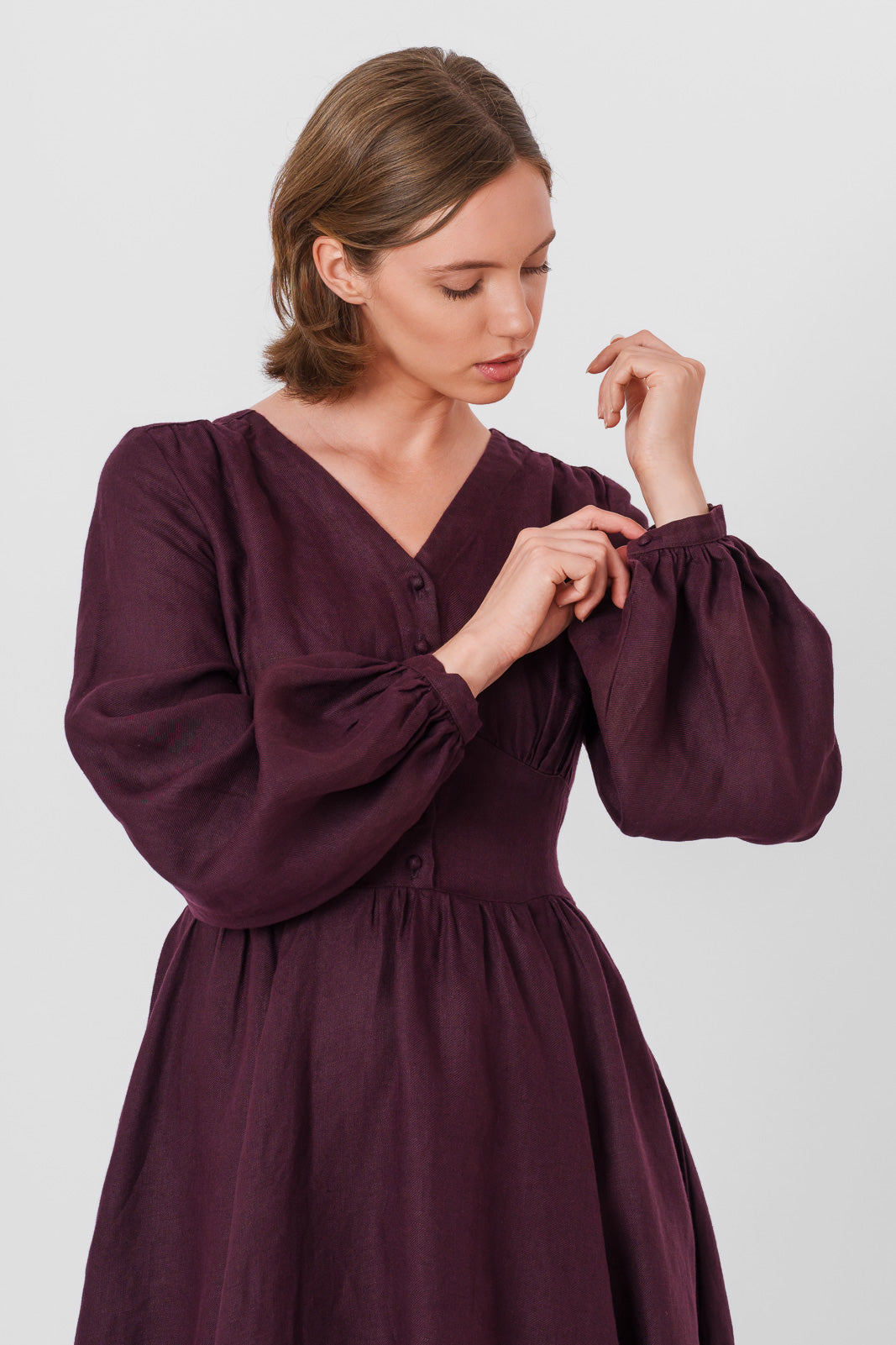 Diane Dress, Long Sleeve, Twill Linen, Royal Grape#color_royal-grape