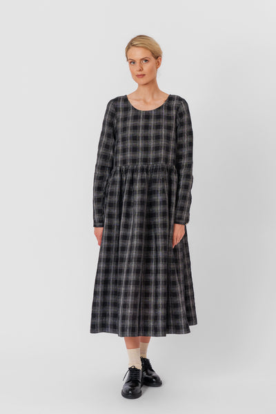 Smock Dress, Long Sleeve, Black Tartan