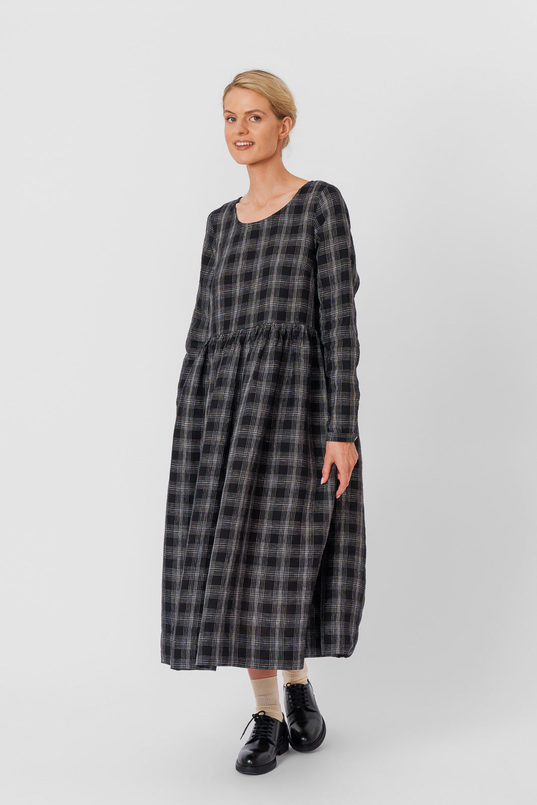 Smock Dress, Long Sleeve, Black Tartan