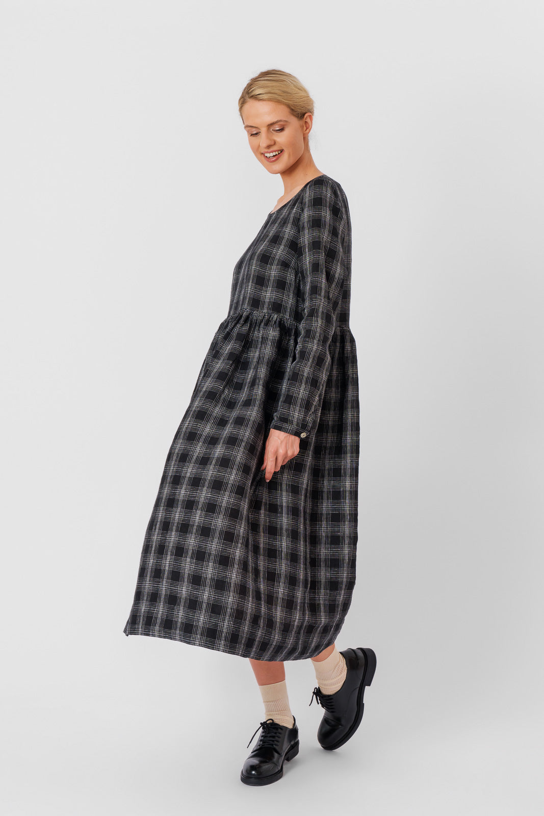 Smock Dress, Long Sleeve, Black Tartan