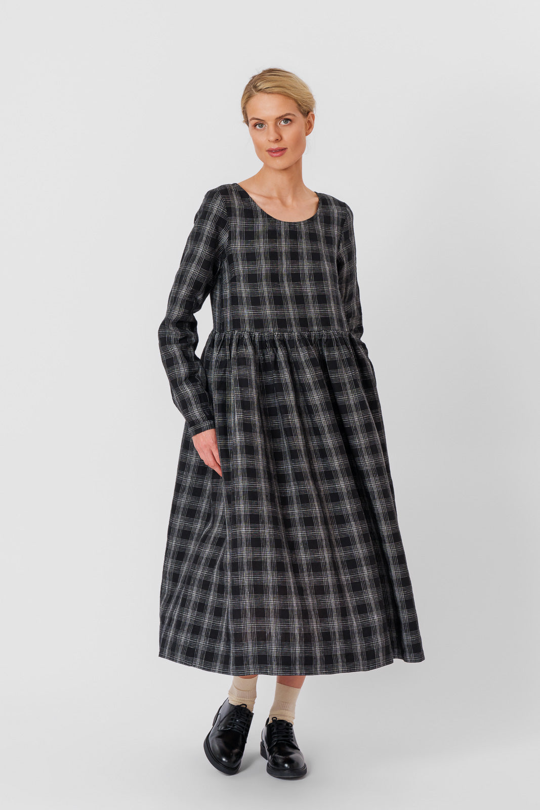 Smock Dress, Long Sleeve, Black Tartan