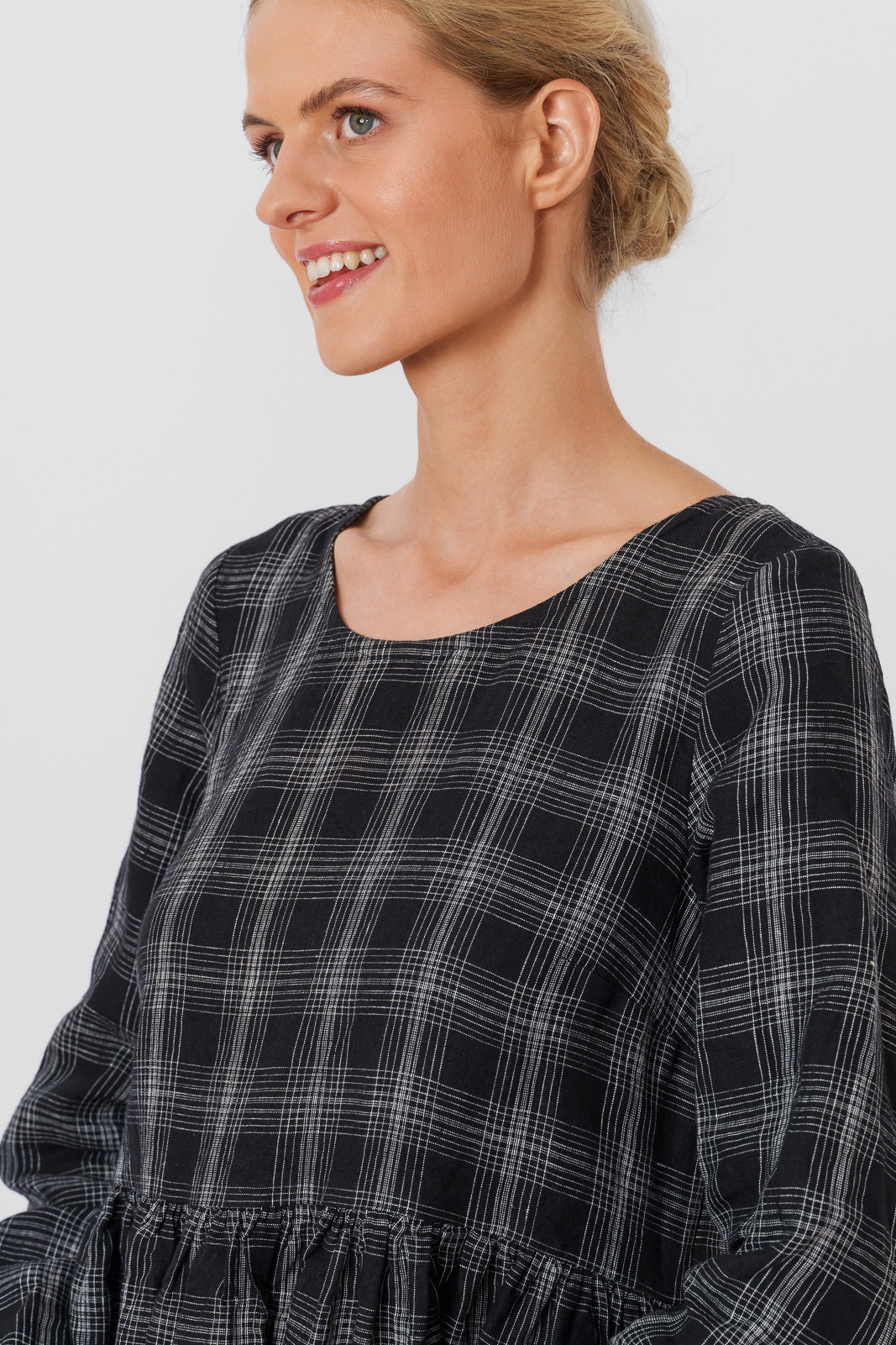 Smock Dress, Long Sleeve, Black Tartan