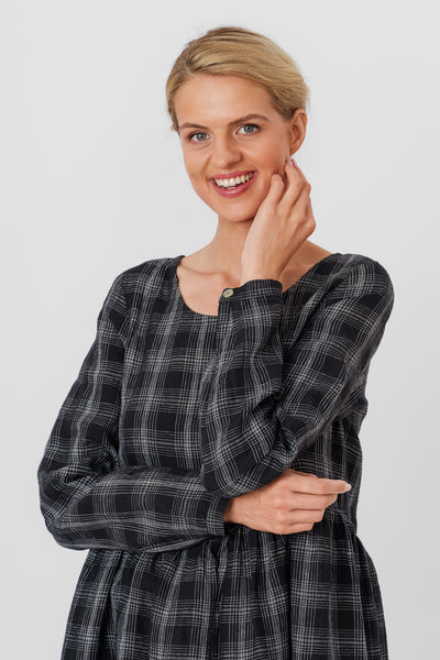 Smock Dress, Long Sleeve, Black Tartan#color_black-tartan