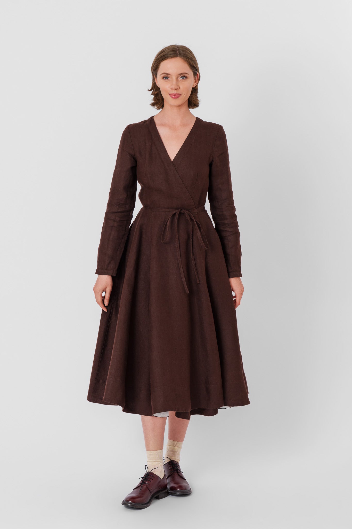 Wrap Dress, Long Sleeve, Twill Linen, Espresso Brown