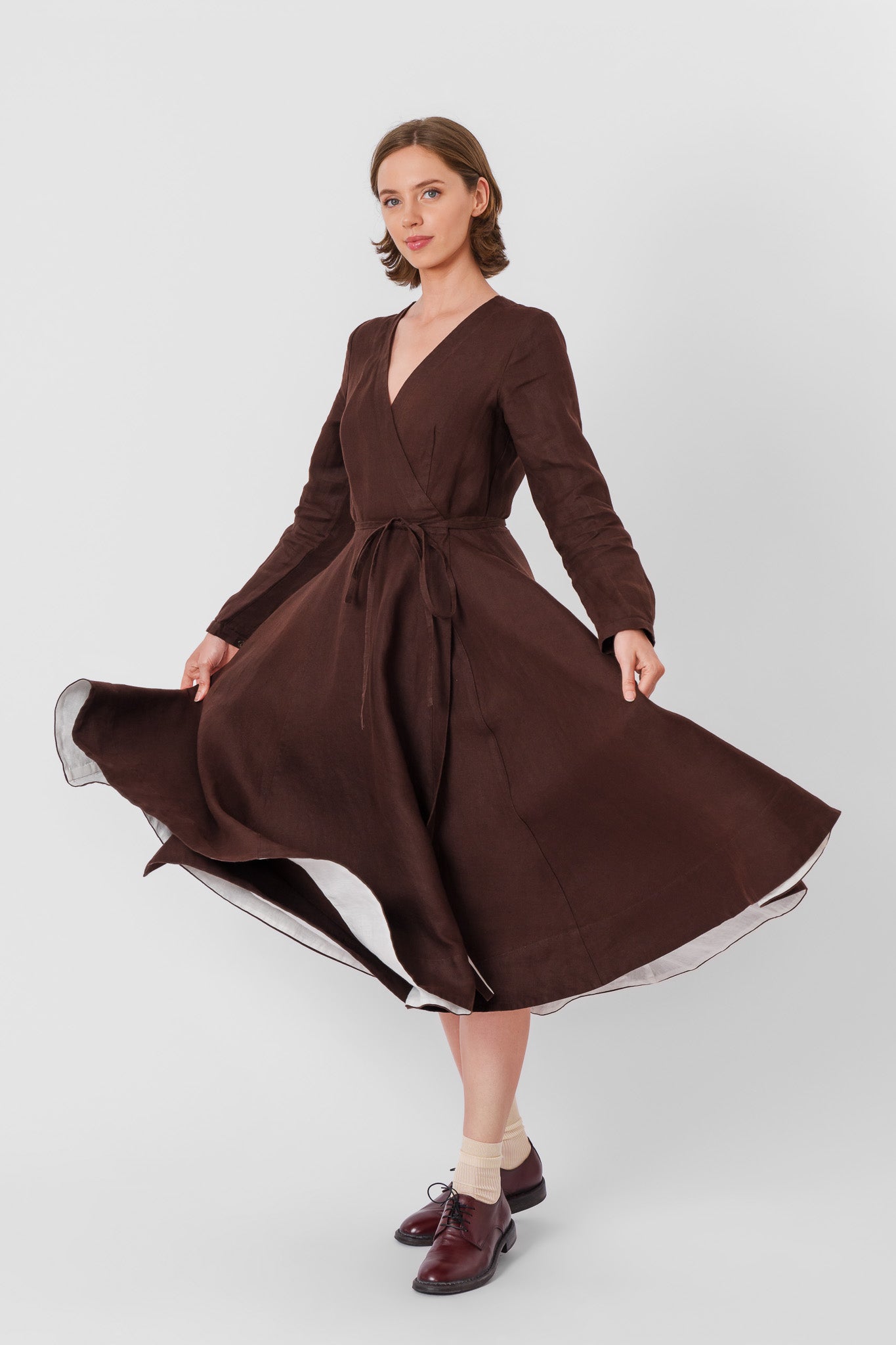 Wrap Dress, Long Sleeve, Twill Linen, Espresso Brown