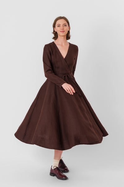 Wrap Dress, Long Sleeve, Twill Linen, Espresso Brown