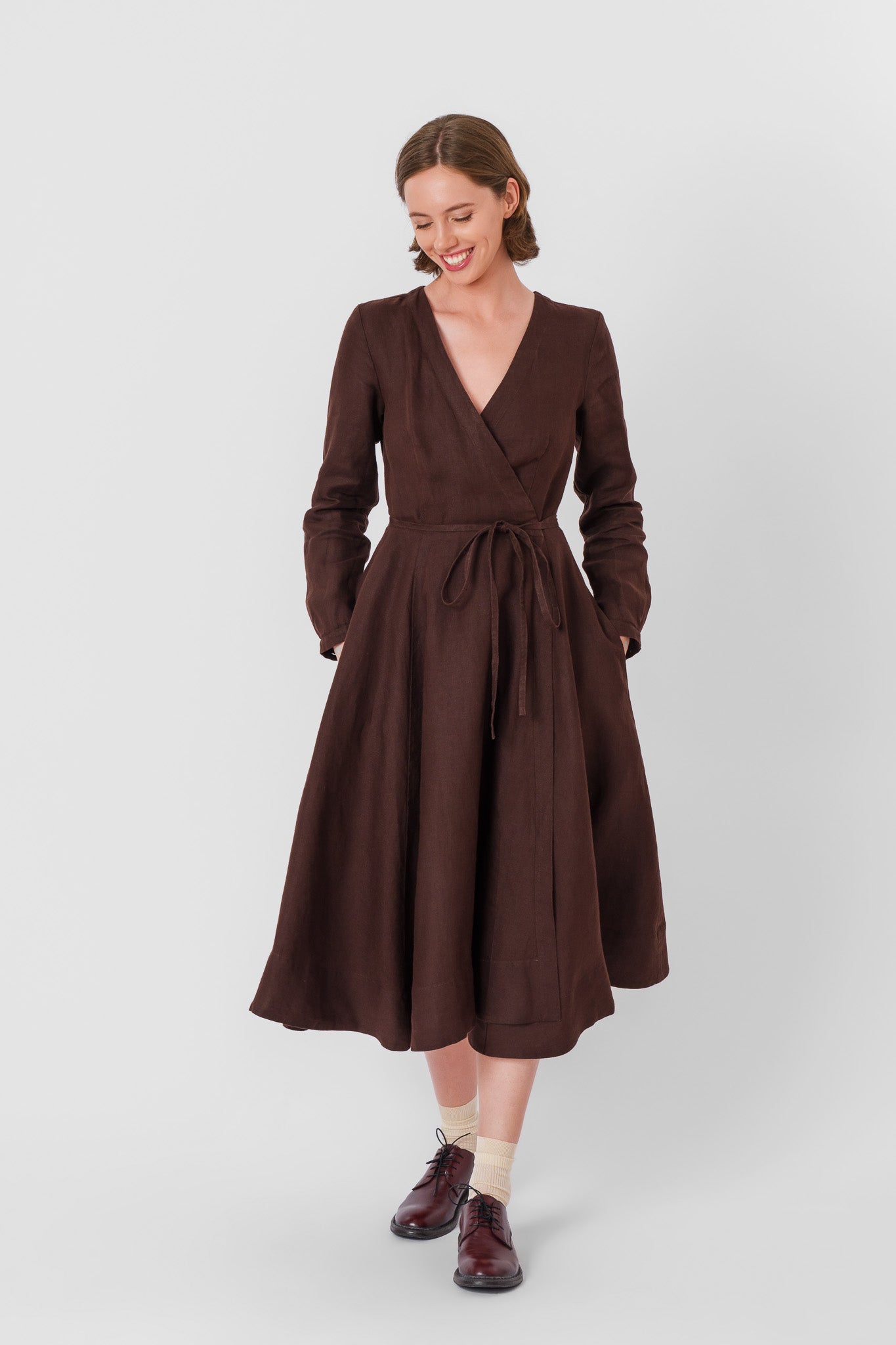 Wrap Dress, Long Sleeve, Twill Linen, Espresso Brown | Son de Flor