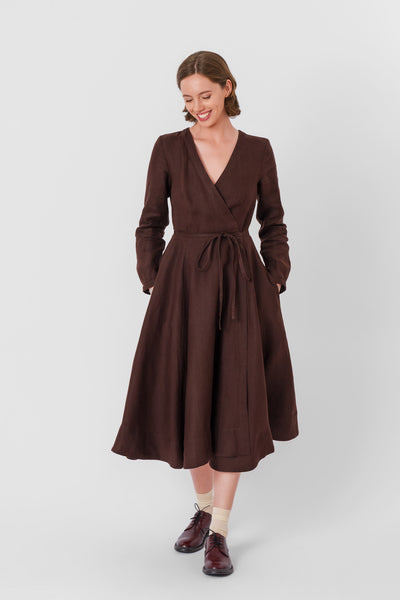 Wrap Dress, Long Sleeve, Twill Linen, Espresso Brown