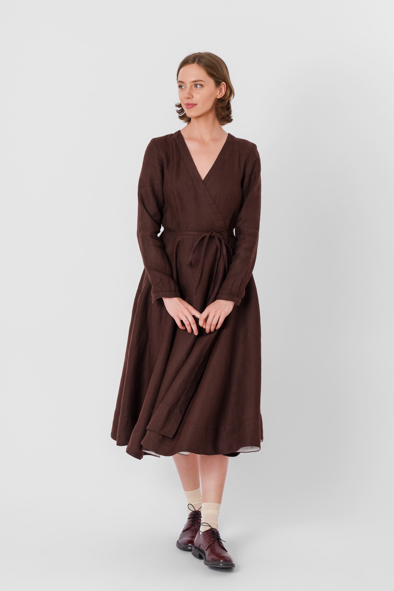 Wrap Dress, Long Sleeve, Twill Linen, Espresso Brown