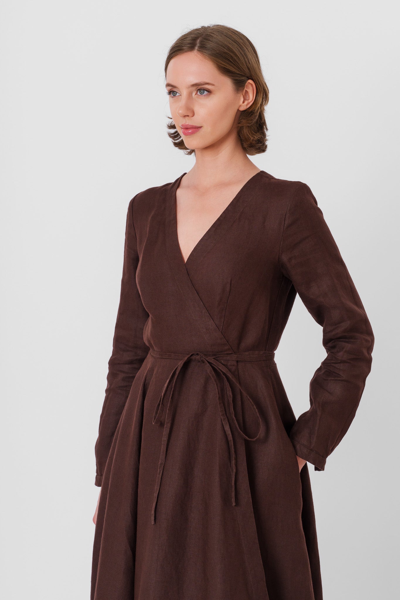 Wrap Dress, Long Sleeve, Twill Linen, Espresso Brown