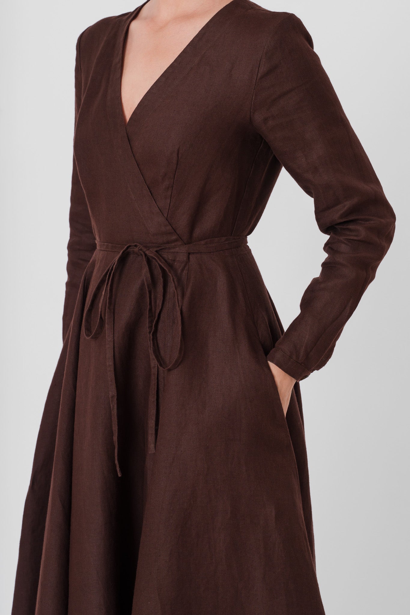 Wrap Dress, Long Sleeve, Twill Linen, Espresso Brown