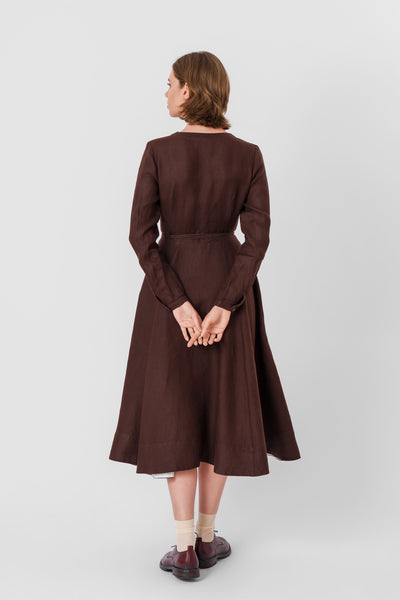 Wrap Dress, Long Sleeve, Twill Linen, Espresso Brown