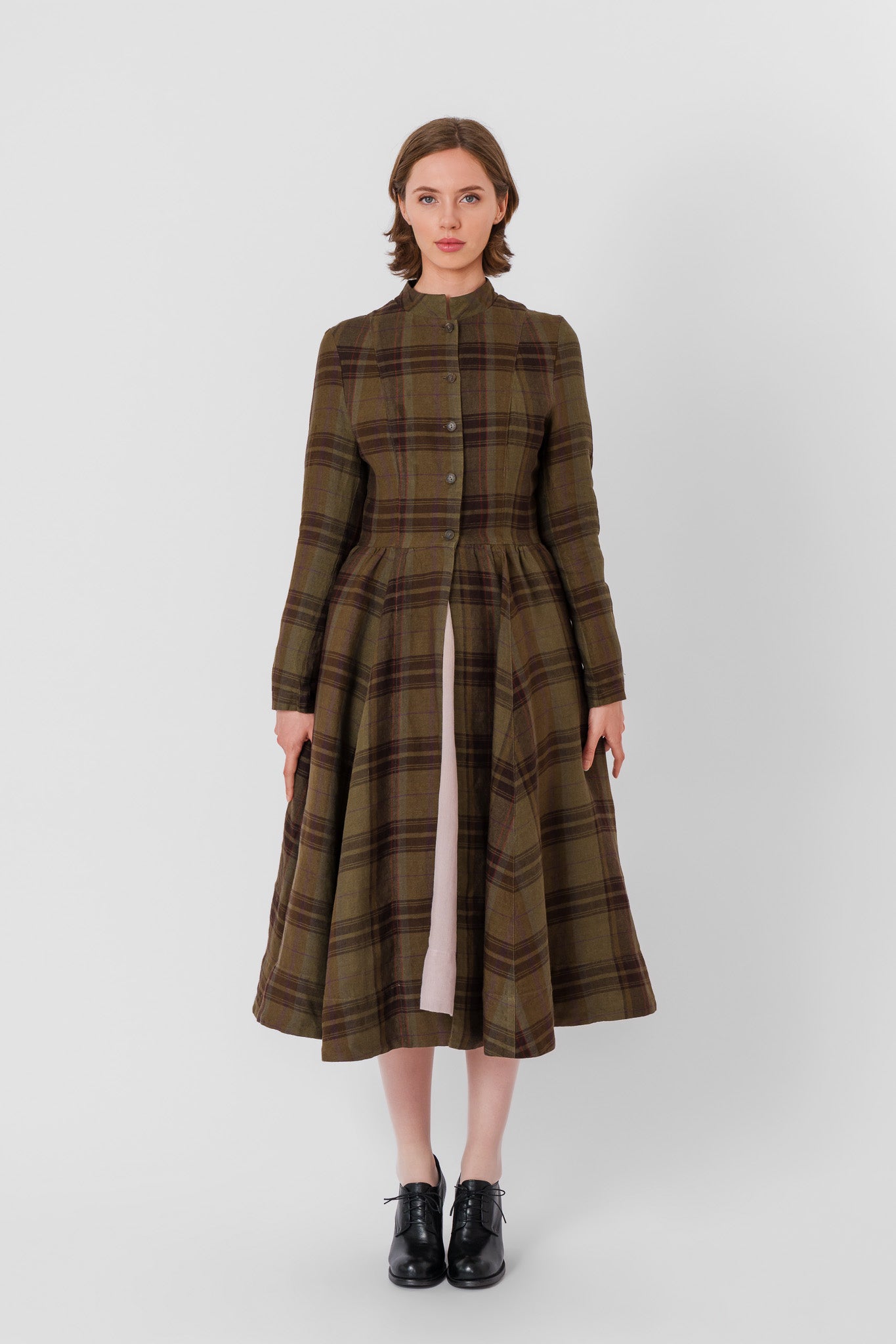 Victorian Coat, Long Sleeve, Twill Linen, Oak Tartan