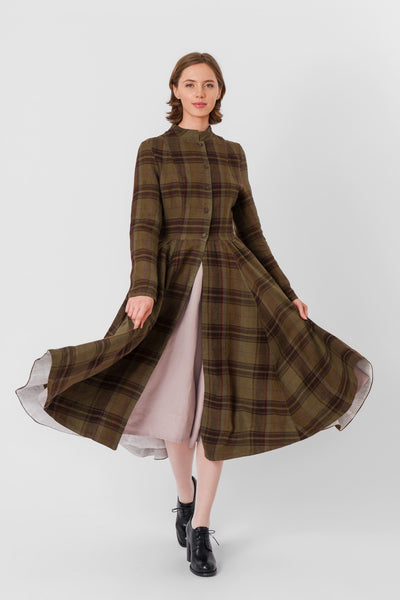 Victorian Coat, Long Sleeve, Twill Linen, Oak Tartan