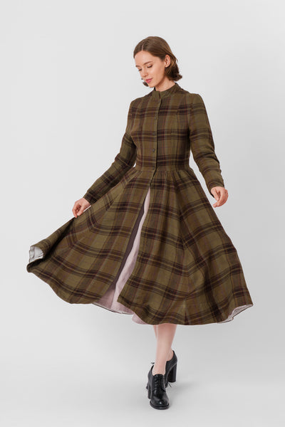 Victorian Coat, Long Sleeve, Twill Linen, Oak Tartan