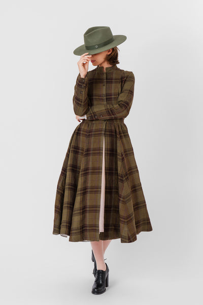 Victorian Coat, Long Sleeve, Twill Linen, Oak Tartan