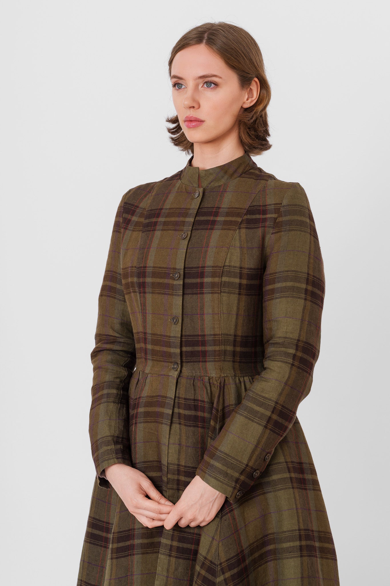 Victorian Coat, Long Sleeve, Twill Linen, Oak Tartan