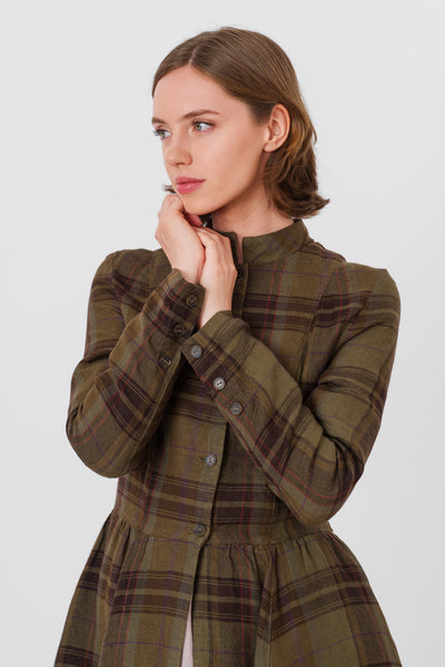 Victorian Coat, Long Sleeve, Twill Linen, Oak Tartan