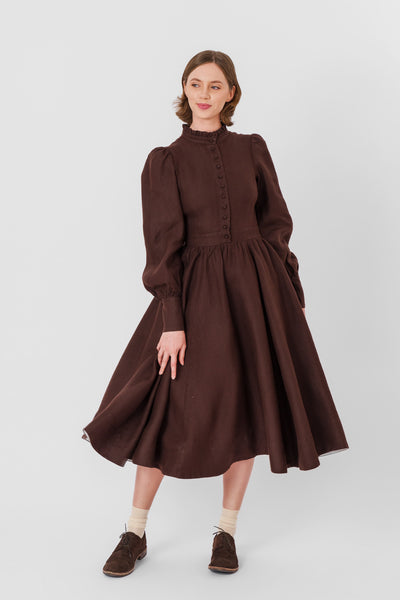 Abigail Dress, Long Sleeve, Twill Linen, Espresso Brown