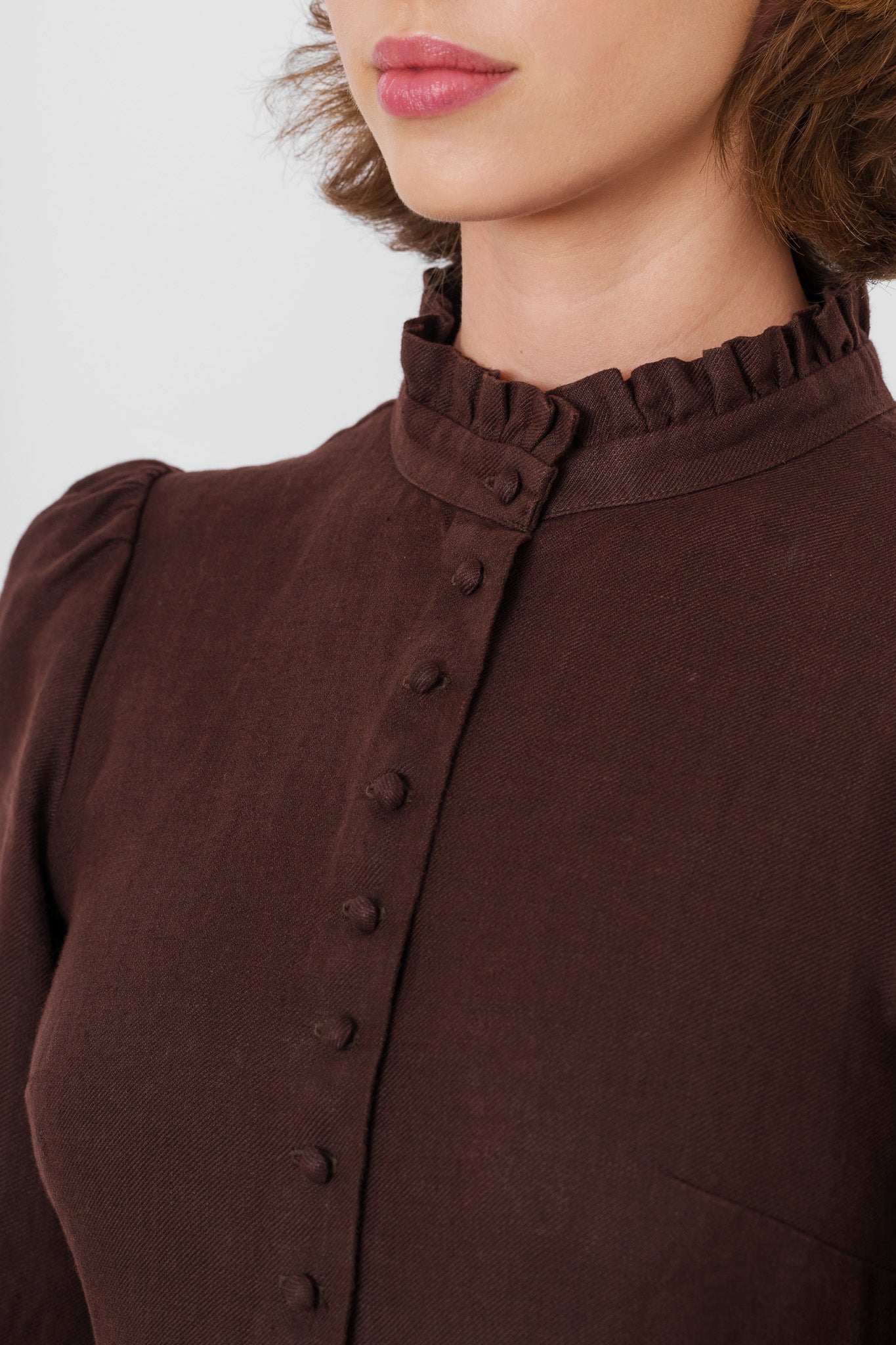 Abigail Dress, Long Sleeve, Twill Linen, Espresso Brown