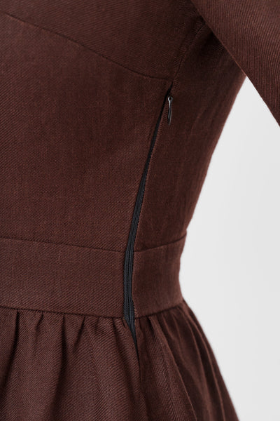 Abigail Dress, Long Sleeve, Twill Linen, Espresso Brown