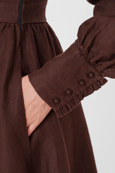 Abigail Dress, Long Sleeve, Twill Linen, Espresso Brown