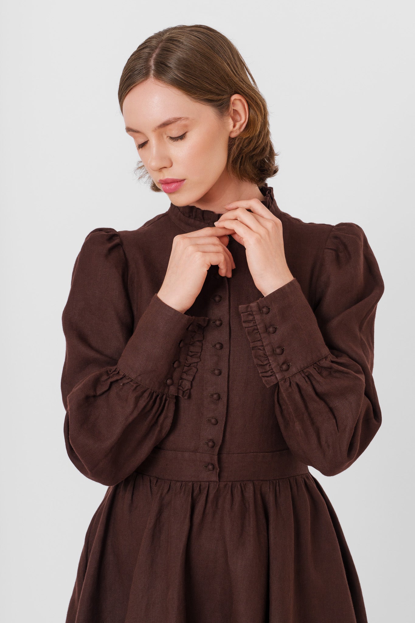 Abigail Dress, Long Sleeve, Twill Linen, Espresso Brown