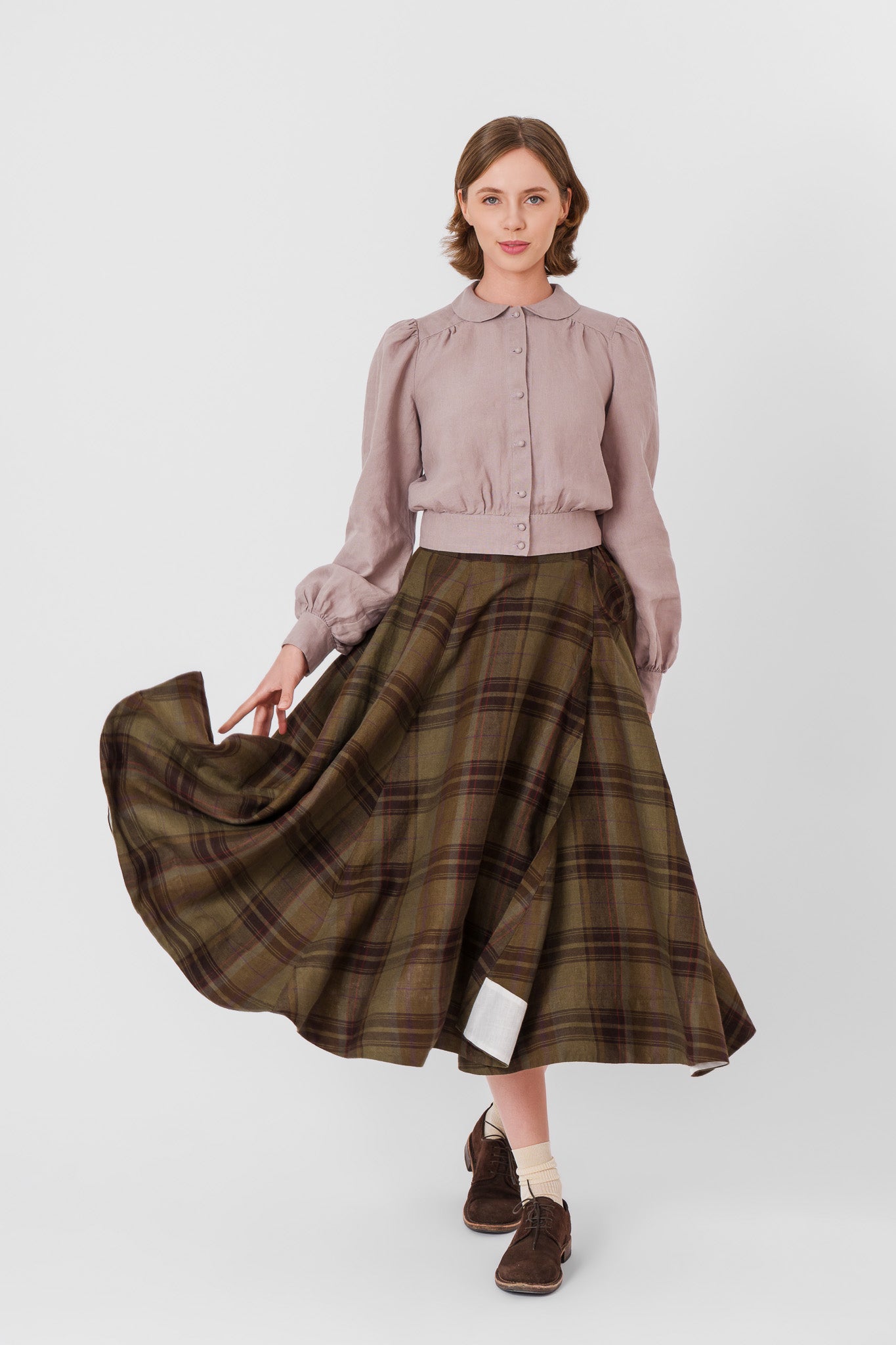 Wrap Skirt, Twill Linen, Oak Tartan