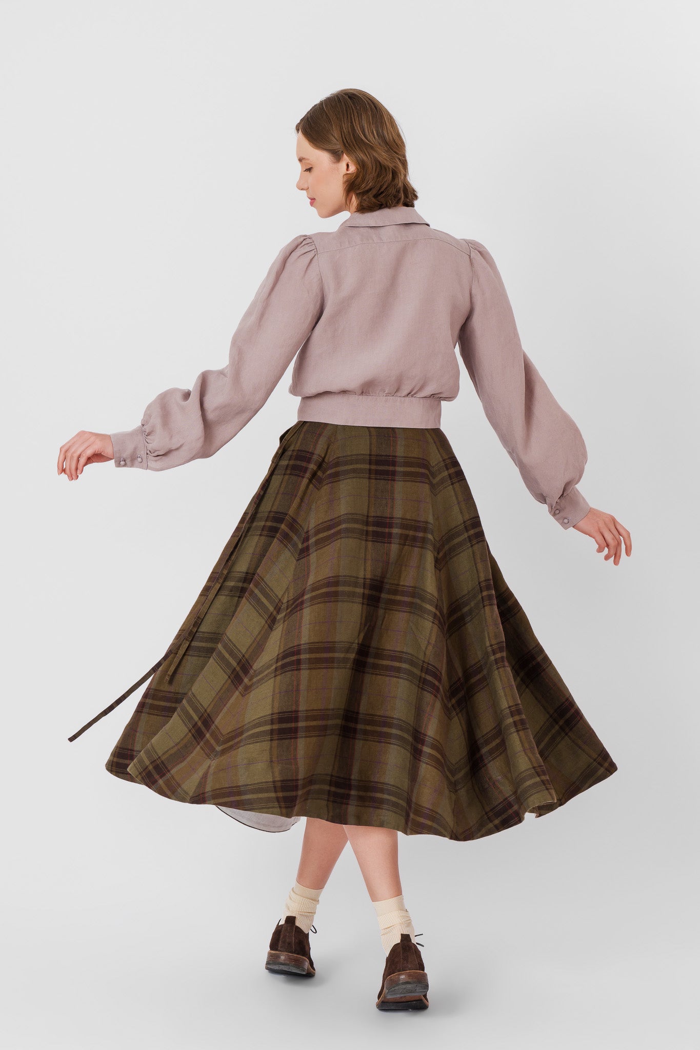 Wrap Skirt, Twill Linen, Oak Tartan